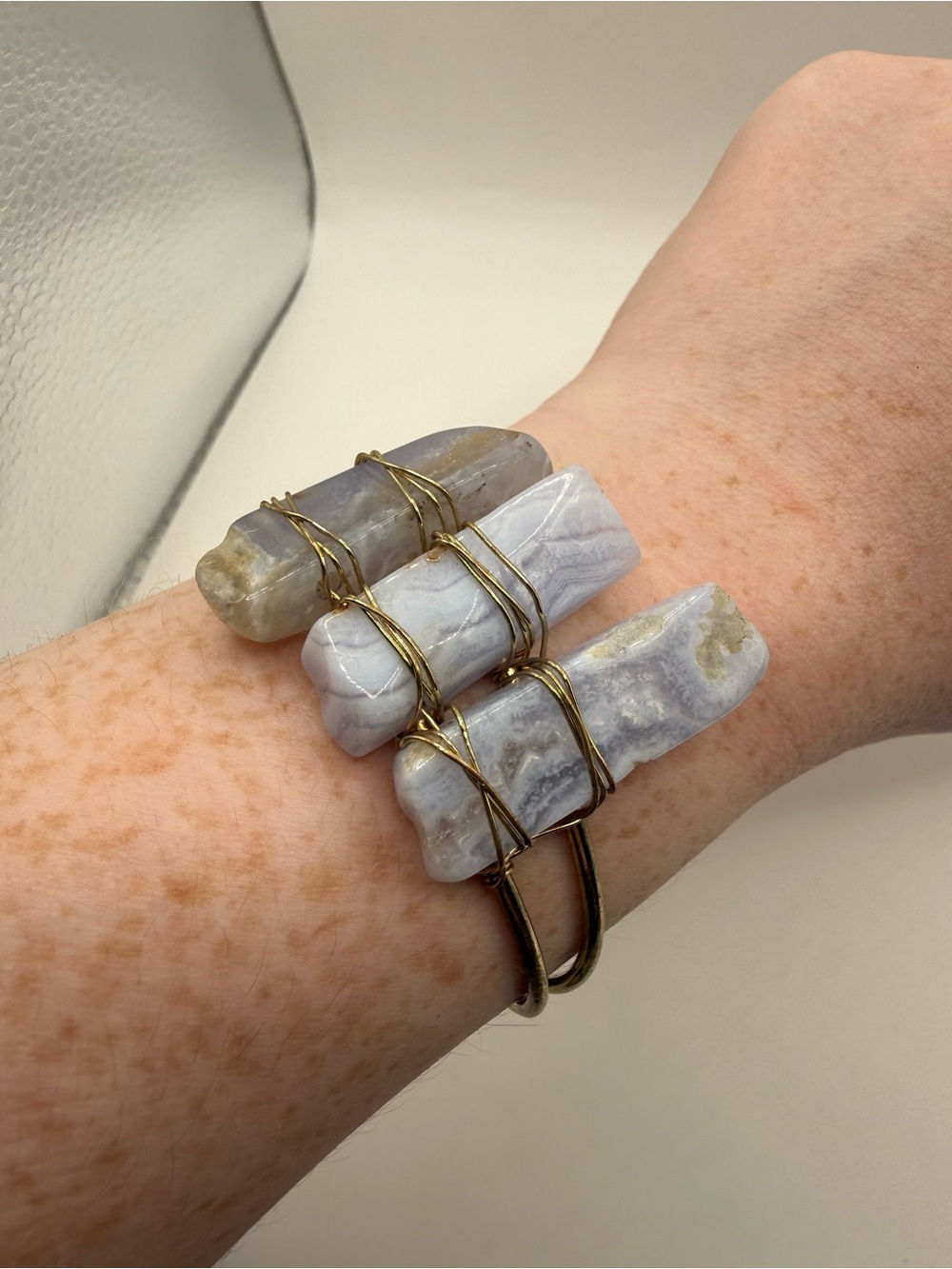 Cara NY Blue Lace Agate Cuff Bracelet Polished Crystal Wire Wrapped Gold Boho